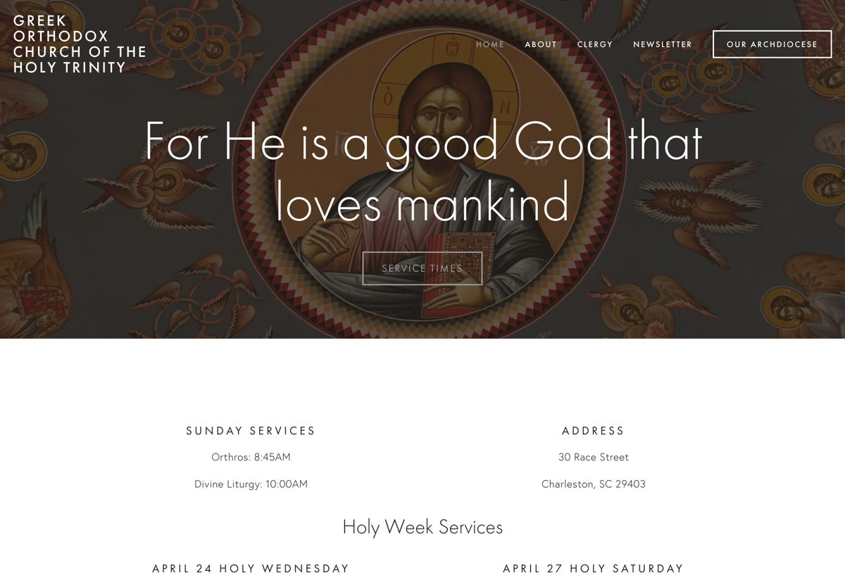 Screenshot of Greek Orthodox Church of the Holy Trinity, from the squarespace church websites collection.