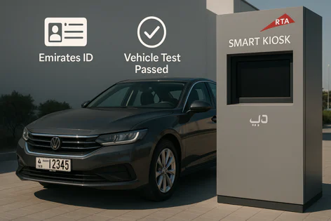 Dark gray car parked next to a gray RTA Smart Kiosk, illustrating services like Emirates ID and vehicle testing.