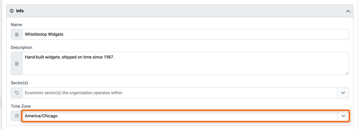 Info panel of an Organization's details with the Time Zone field