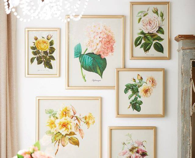 Gold Framed Floral Prints with Peach and Yellow Tones