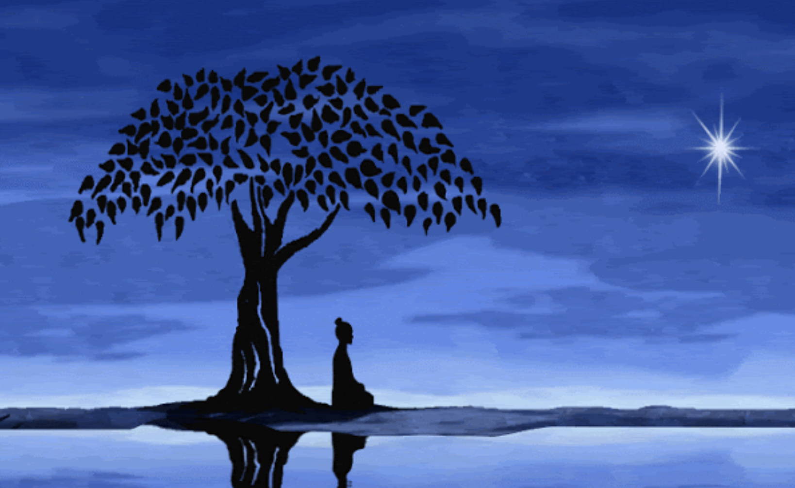 art of buhda under tree silouette with blue background