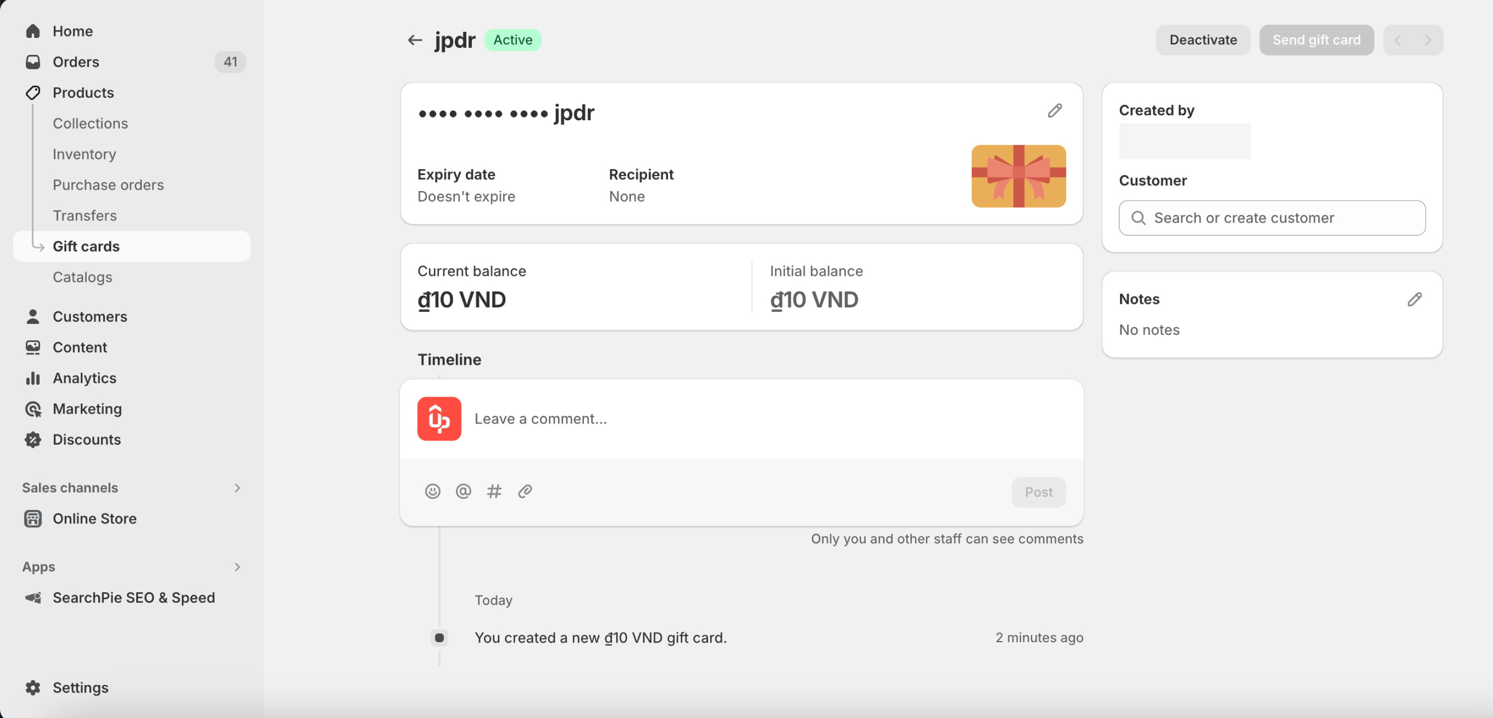detailed information of Shopify gift card