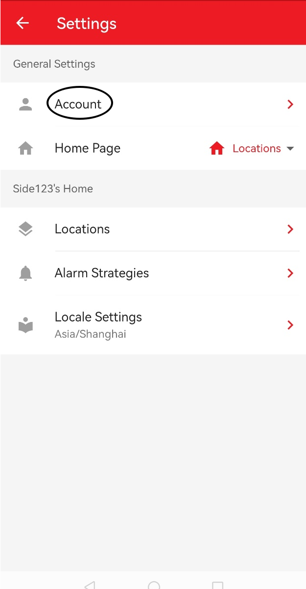 Settings screen with general options. Tap Account to open account settings.