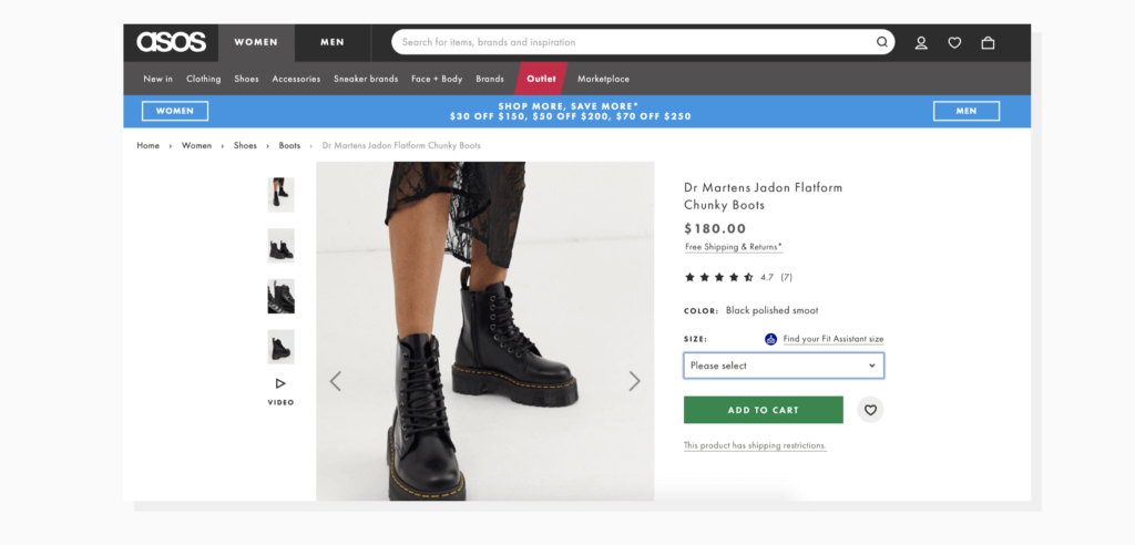 When a visitor clicks on a product, they are greeted with a large image and a small gallery of additional visuals to the left An example of a large image and a small gallery of additional visuals