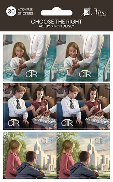 LDS art stickers featuring various scenes of children participating in church activities such as baptism and the sacrament.