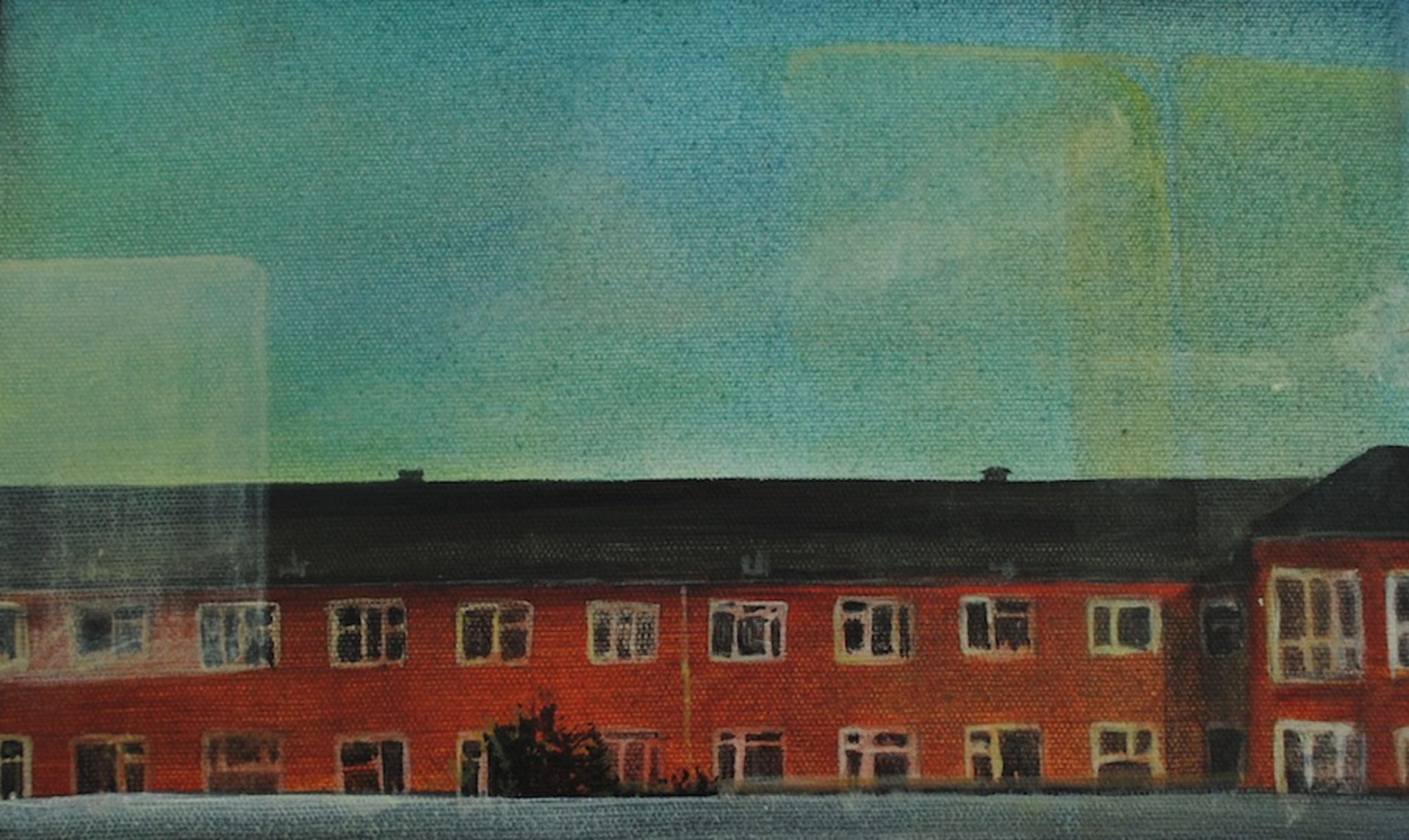Red brick houses from train window