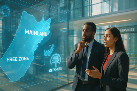 Two business professionals, a man and woman, viewing a translucent holographic map showing Mainland, Free Zone, and Offshore areas, discussing business zones.