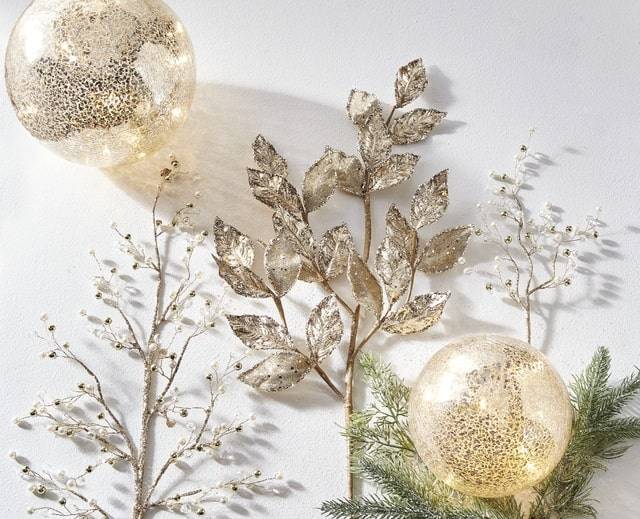 raz imports platinum Christmas sprigs and lit mercury glass orbs