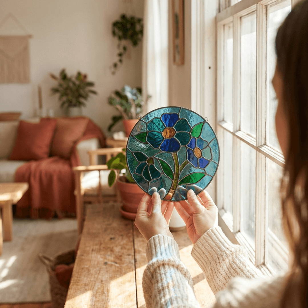 Holding a finished stained glass suncatcher up to a sunlit window