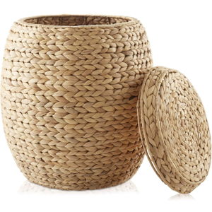 Casafield Round Storage Basket with Lid - Natural, Handwoven Water Hyacinth Organizer for Laundry, Blankets, Plants, Bedroom, Living Room, Home Office