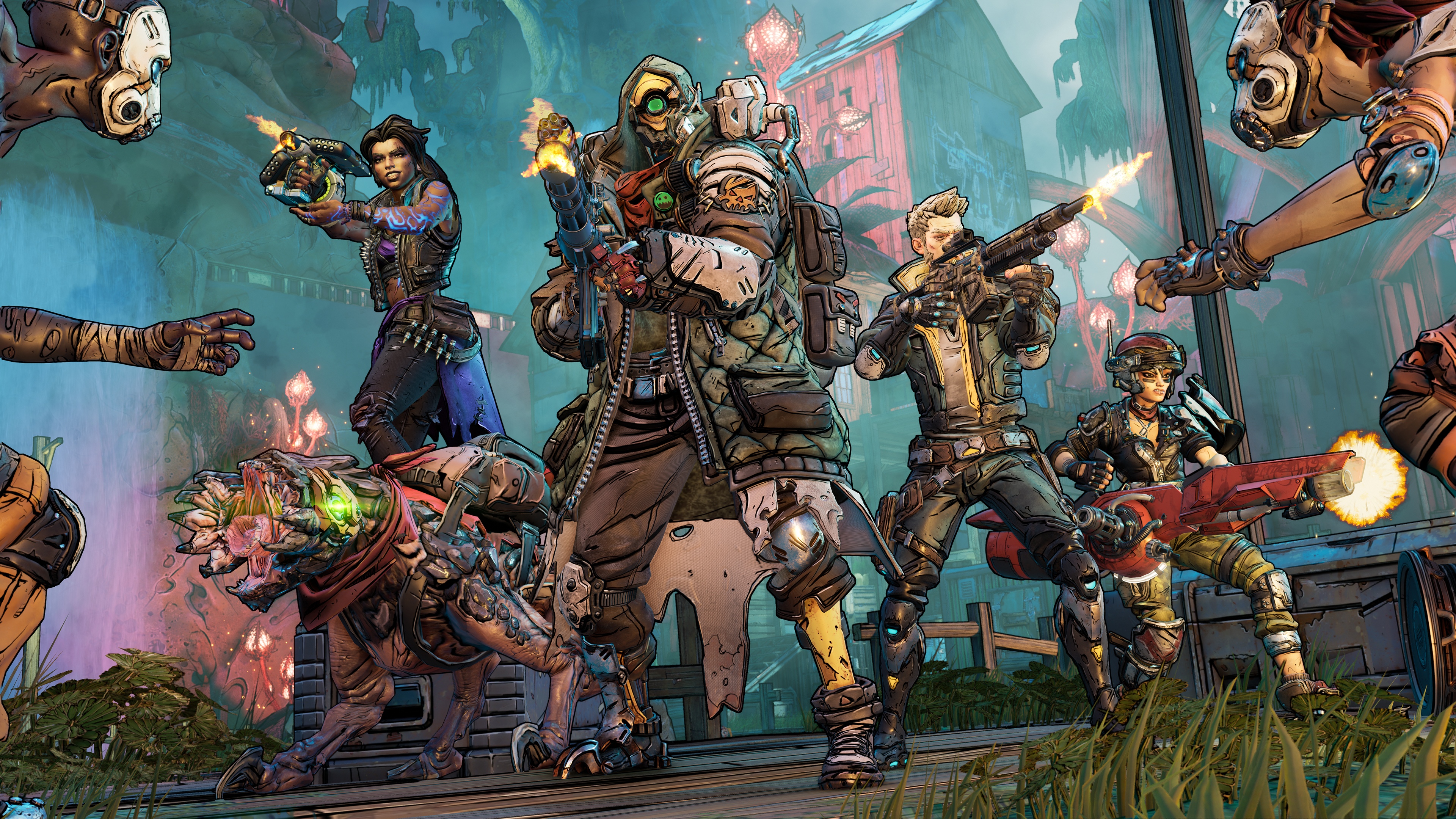 The crew of Borderlands including a cyborg dog, all in battle pose shooting at incoming enemies.