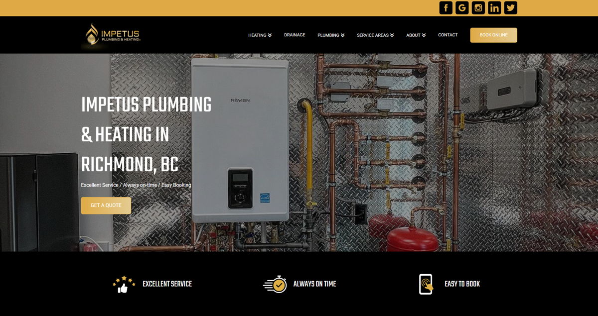 Screenshot of Impetus Plumbing and Heating, from the website hero section designs collection.