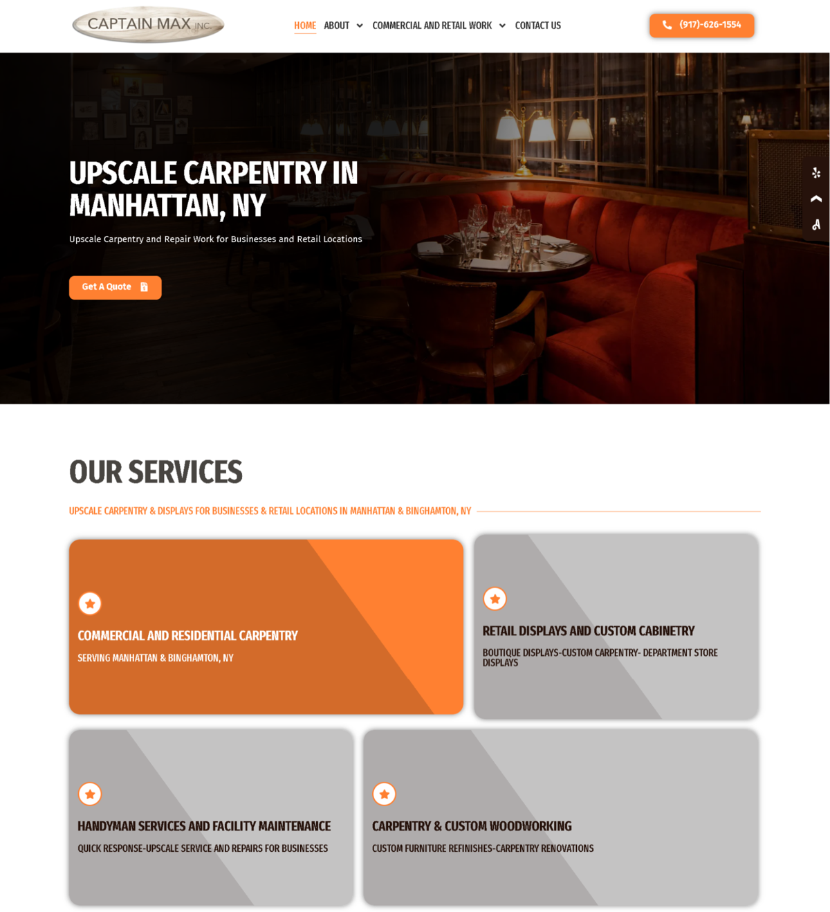 Screenshot of Upscale Carpentry in Manhattan, NY, from the carpentry websites collection.