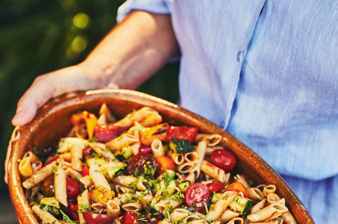 Pasta Salad with Grilled Vegetables and Tomato Dressing