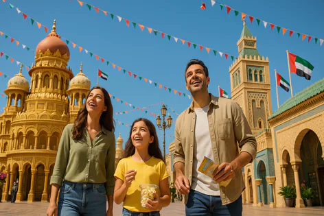 Happy family, a father, mother, and daughter, smiling up at decorations and ornate buildings in a themed park under a clear sky. UAE flags fly high.