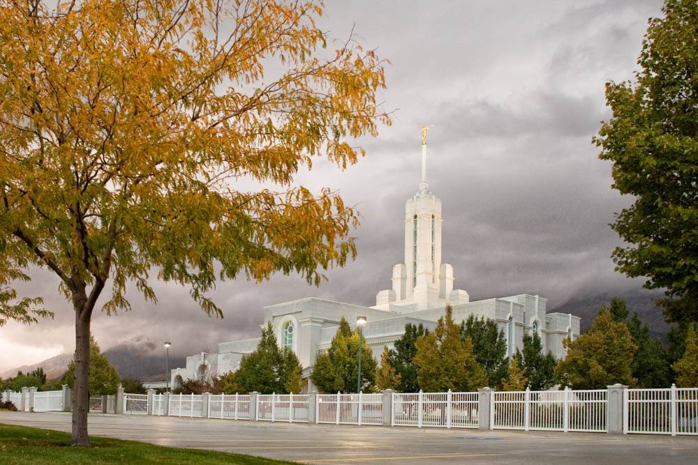 LDS art photo of the Mt Timpanogos Temple on a cloudy, autumn day. 