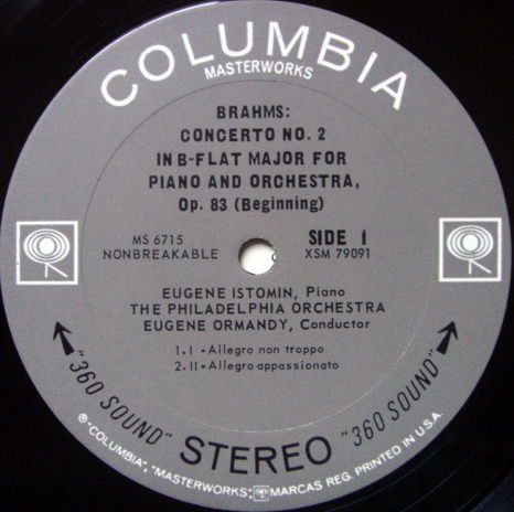 Columbia 2-EYE / ISTOMIN-ORMANDY, - Brhams Piano Concer...