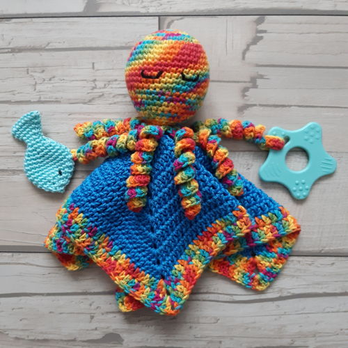 2 Haakpatronen, knuffel-speeldoekje Inktvis en rammelaar Inktvis, Amigurumi