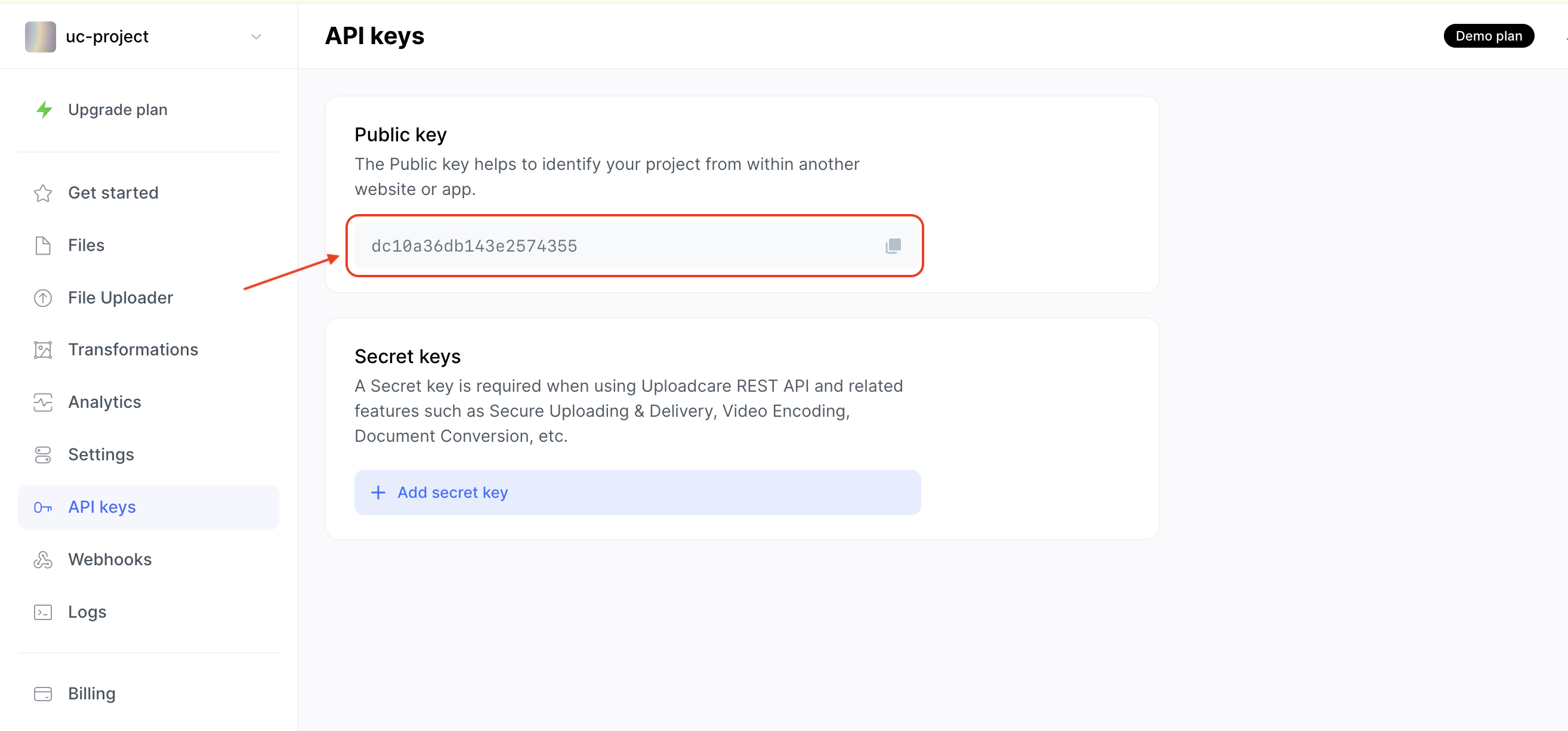 Uploadcare Public API key in the Uploadcare dashboard