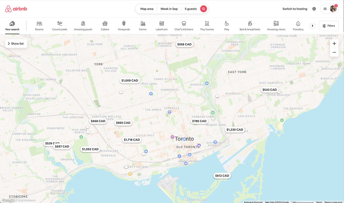 Screenshot of AirBnB, from the google maps api examples collection.