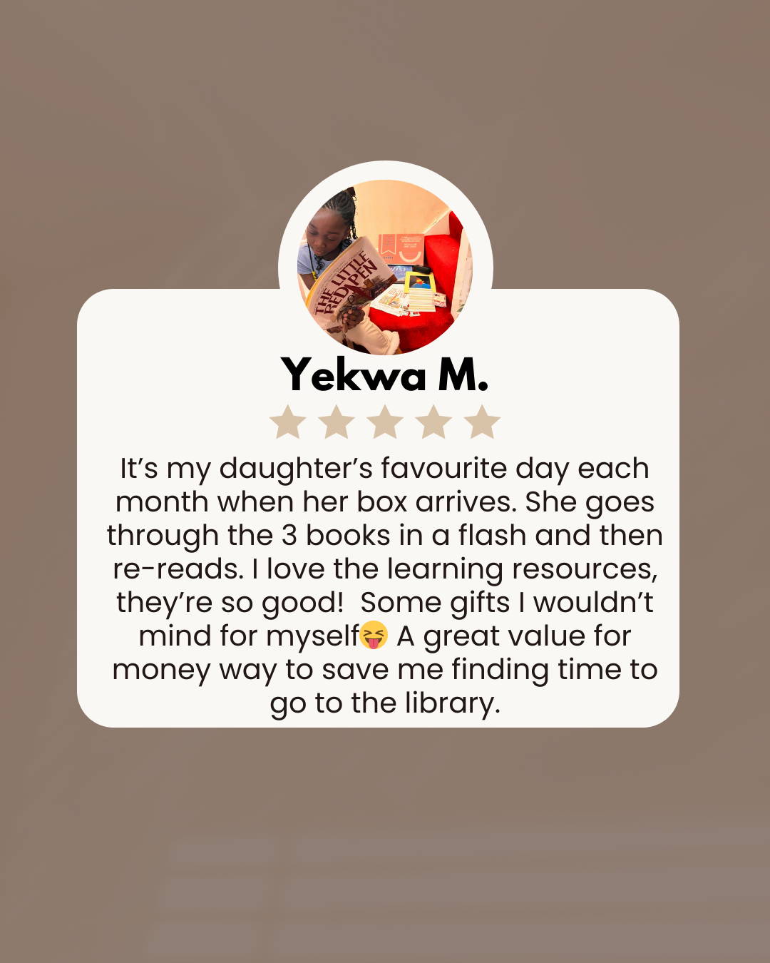 Girl reading a book from a Happier Every Chapter  box with a review for Happier Every Chapter  Little Literates book box