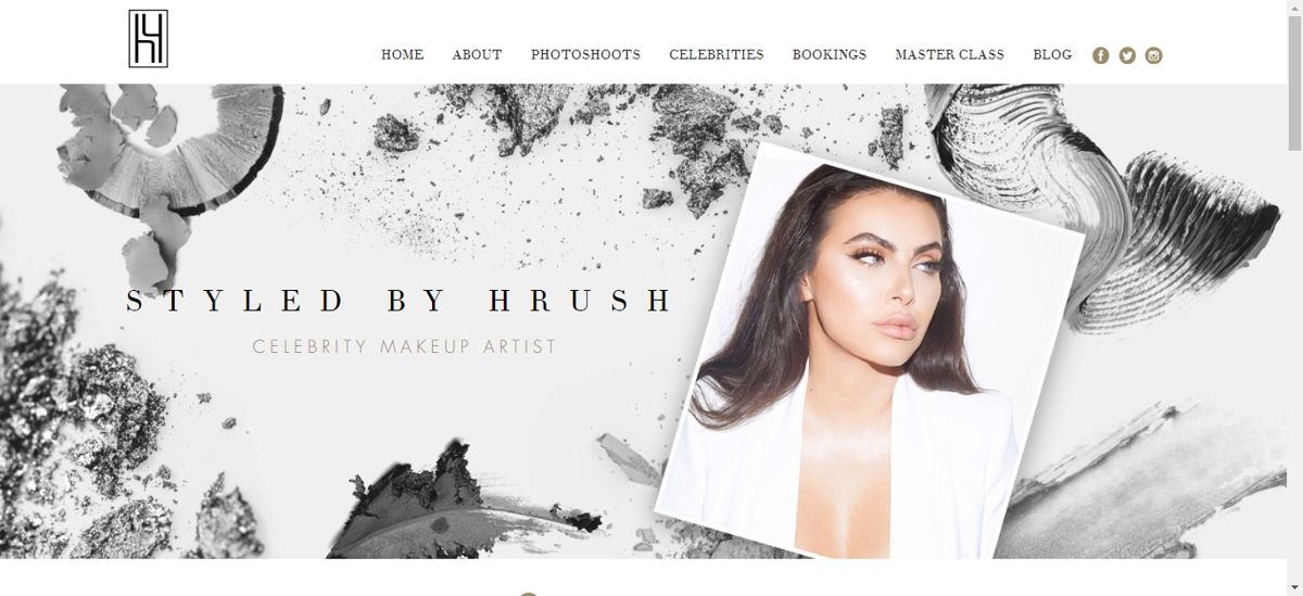 Screenshot of StyledByHrush, from the makeup artist websites collection.