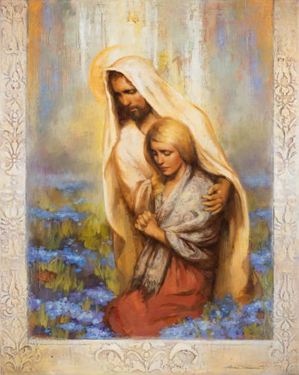 Jesus comforting a young woman who is kneeling in a field of forget-me-nots.