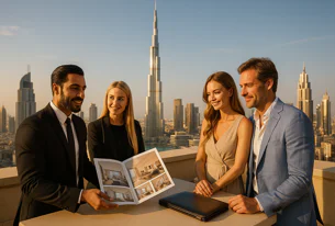 Professionals review a real estate brochure featuring interior photos on a high-rise balcony with the iconic Dubai skyline and Burj Khalifa in the background.