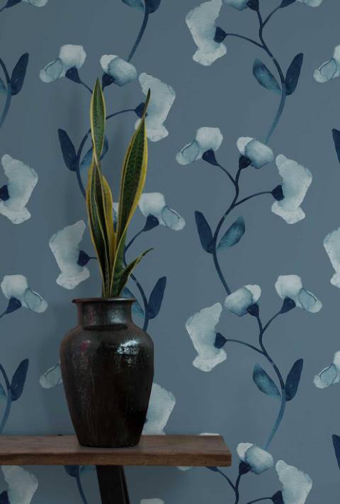 Blue Contemporary Flower Stripe Wallpaper hero image
