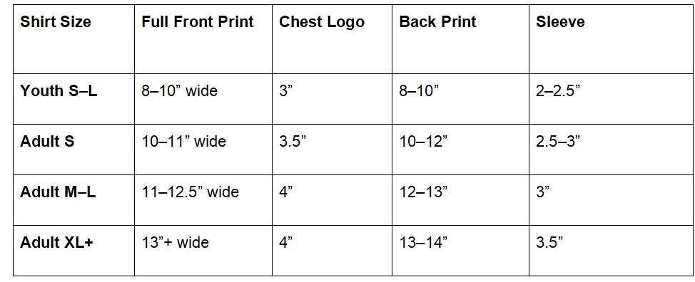 DTF Print Sizes Chart