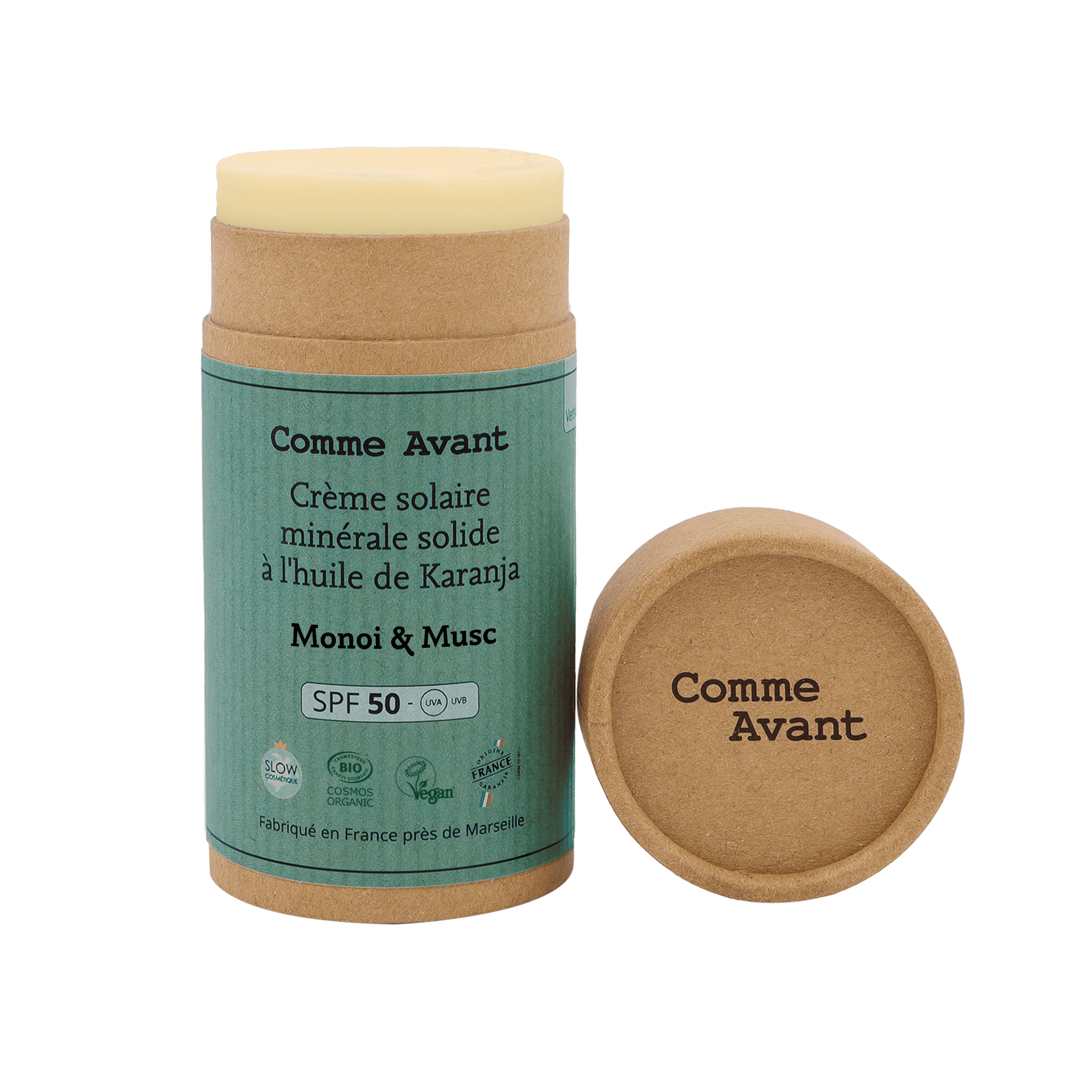 Crème solaire solide à l'huile de karanja SPF50 parfum Monoï
