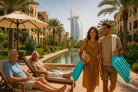 Four people on vacation at a luxury resort in Dubai with Burj Al Arab. An older couple relaxes by the pool while a young couple walks with towels.