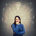 Thoughts transform into light bulb , smiling woman