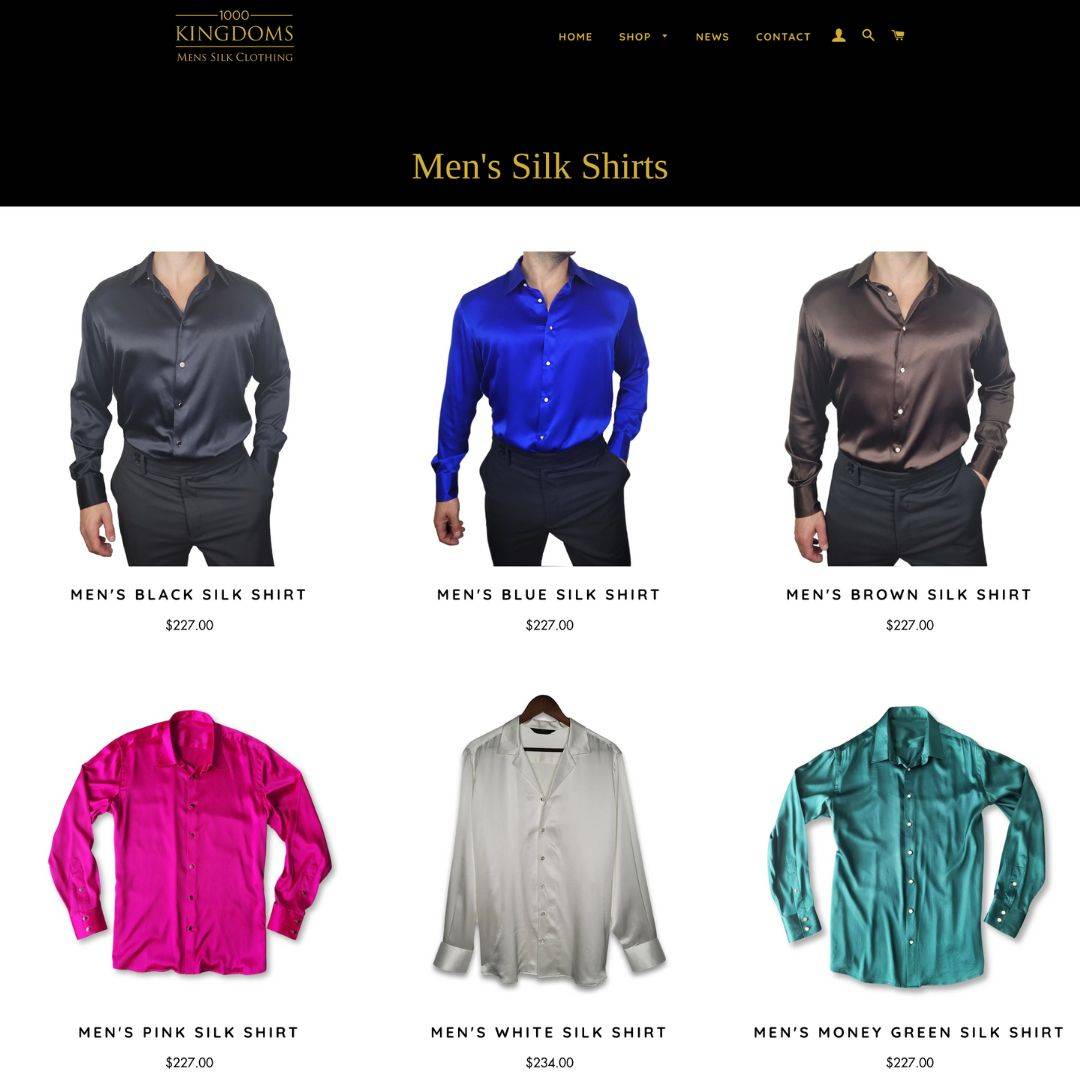 screenshot of the mens silk shirt collection homepage on 1000 kingdoms online store
