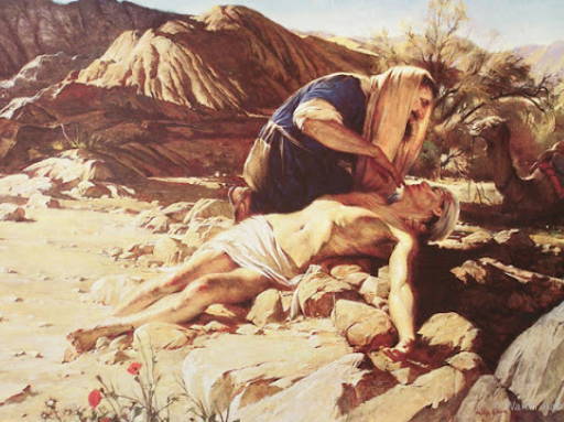 Detailed painting of the Good Samaritan kneeling on the desert ground, trying to help the robbed Jewish man.