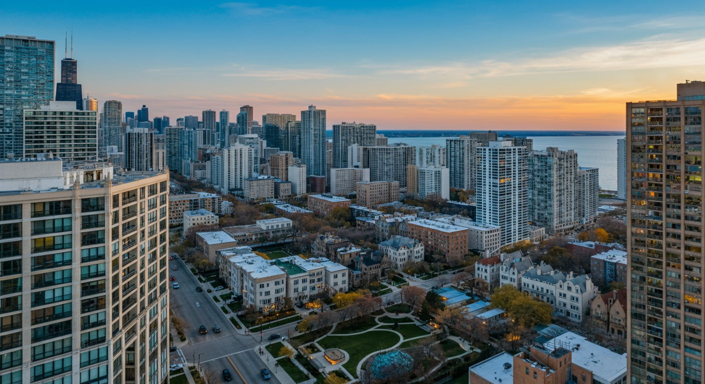 Aerial view of Chicago's Gold Coast neighborhood at golden hour, showcasing the harmonious blend of historic mansions and luxury high-rises along Lake Shore Drive. The neighborhood's tree-lined streets contrast with the sparkling blue of Lake Michigan, while manicured gardens and exclusive properties demonstrate the area's prestigious character.