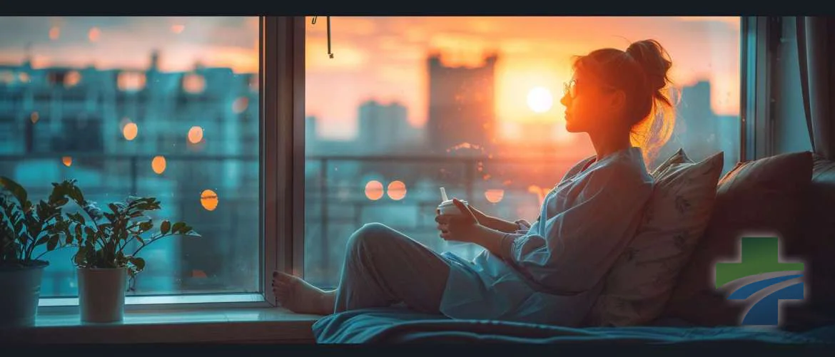 Travel nurse reflecting on mental wellness at sunrise, cup in hand.