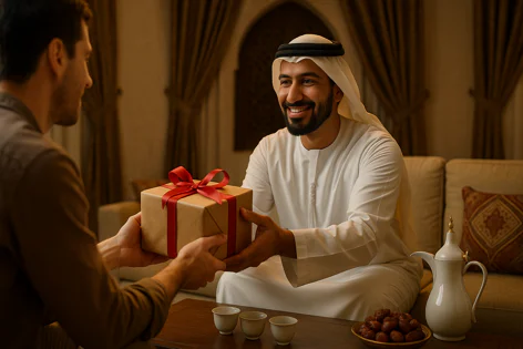 A man in traditional Arabic attire smiles warmly while receiving a gift box with a red ribbon from another man in a traditional setting.