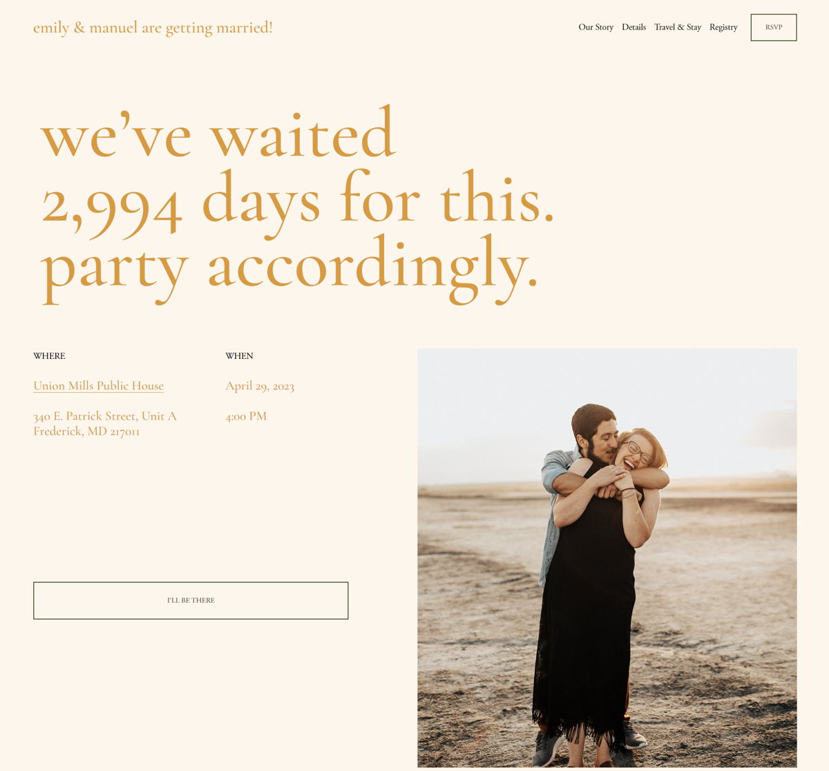 Screenshot of Emily & Manuel, from the squarespace wedding websites collection.