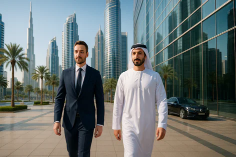 Two men, one in a business suit and one in traditional white Emirati dress, walk side-by-side outside modern skyscrapers in Dubai with palm trees.