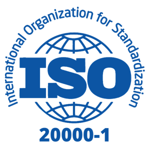Blue ISO logo with a globe in the background and the words International Organization for Standardization around it, with 20000-1 written below.