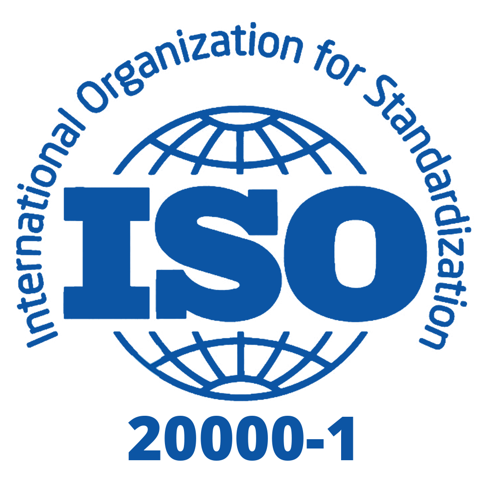 Blue ISO logo with a globe in the background and the words International Organization for Standardization around it, with 20000-1 written below.