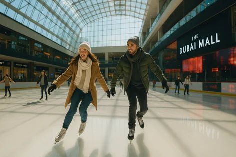 A joyful couple holding hands and smiling while ice skating at the indoor rink inside The Dubai Mall, with other skaters in the background.
