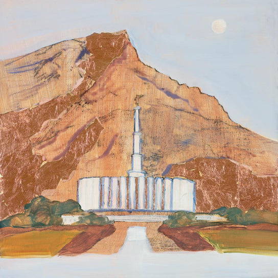 Painting of the Provo Temple standing against textured mountain. 