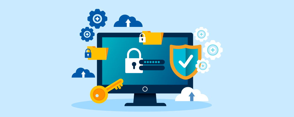 Security related icons floating arounds a computer screen