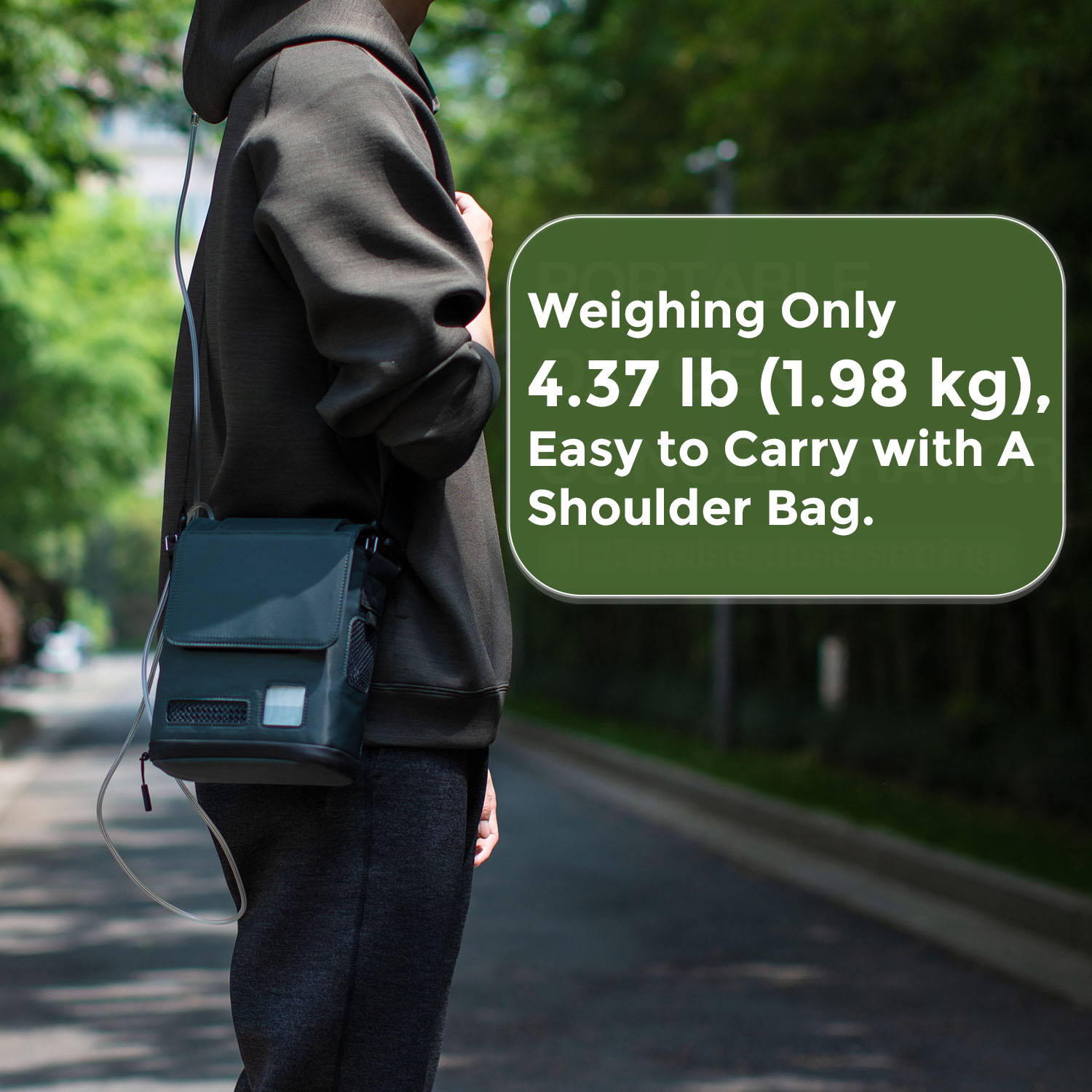 portable oxygen concentrator with a shoulder bag, weighing only 4.3 lb