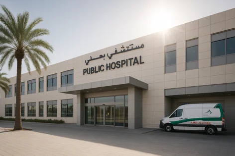 Exterior view of a modern public hospital building with a large entrance, windows, and a white ambulance parked outside on a sunny day. A palm tree stands to the left.