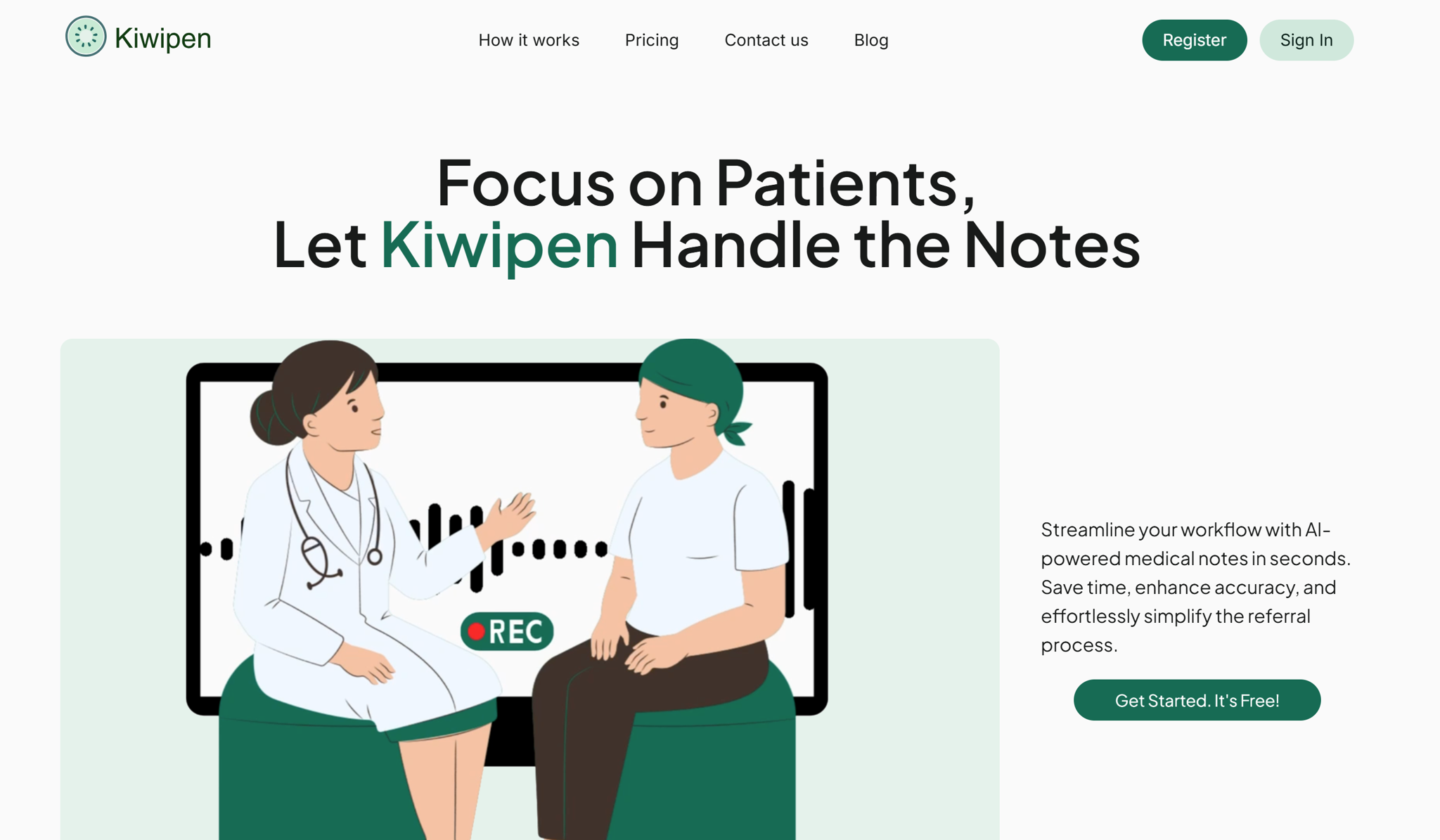 Screenshot of Kiwipen's website landing page, an AI scribe