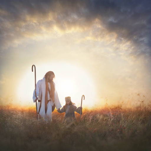 Jesus walking through a field with a little girl. Both hold a shepherd's staff.