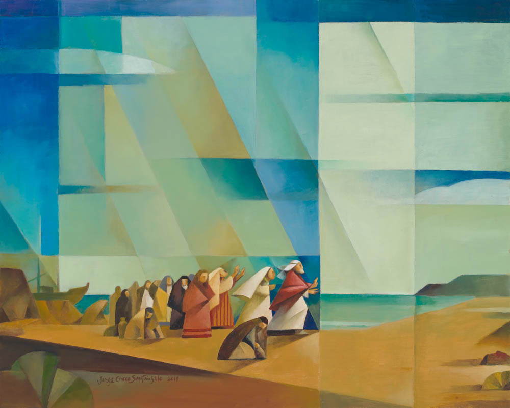 Abstract painting of Lehi and Nephi's family reaching the promised land.